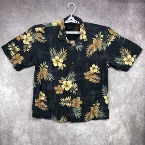 Vintage Tommy Bahama Wood Button Shirt Mens M Black 100% Silk Floral Camp